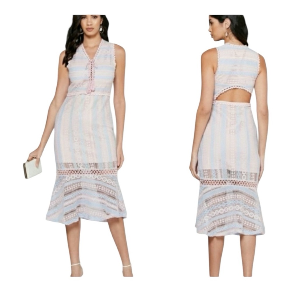 Foxiedox Blush and Sky Blue Crochet Lace Dress. Size Small.